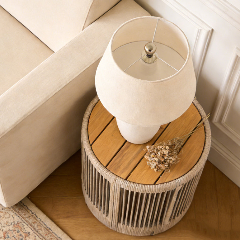 Table d'appoint d'extérieur en bois de rotin, Teck et beige
