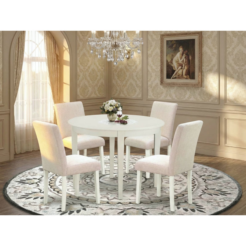5 Piece Dining Set Includes a Round Kitchen Table and 4 Light Beige Linen Fabric Parsons Dining Chairs, 42x42 Inch, Linen White