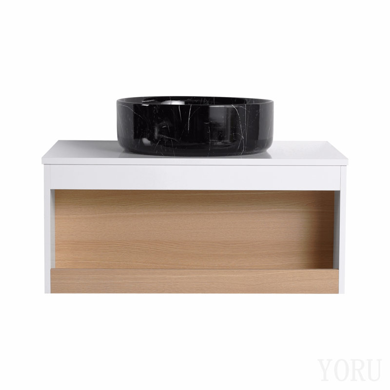 Meuble-lavabo flottant de 30 po avec lavabo vasque en veine de marbre noir, meuble-lavabo mural avec rangement ouvert, finition blanche avec décor en bois, conception moderne peu encombrante (livré dans 2 boîtes)