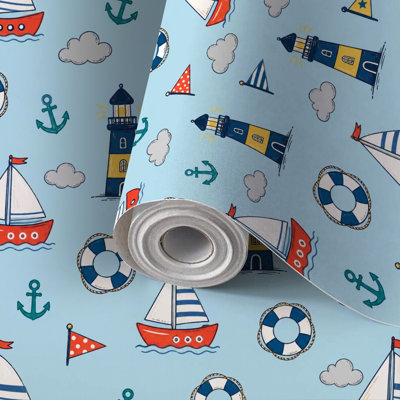 Family Renter Friendly Peel and Stick Wallpaper Roll Nautical Lighthouse Sailboat Cute Coastal Anchors Lifebuoys Flags, Residue Free Removable Self Adhesive Wall Covering for Living Room Bedroom Kitchen Accent Wall