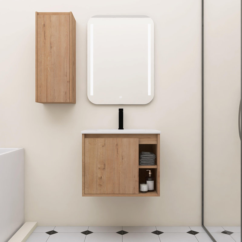 Ensemble de meuble-lavabo mural simple 24 po, meuble-lavabo avec plateau en céramique et armoire latérale, porte à fermeture en douceur 24 po