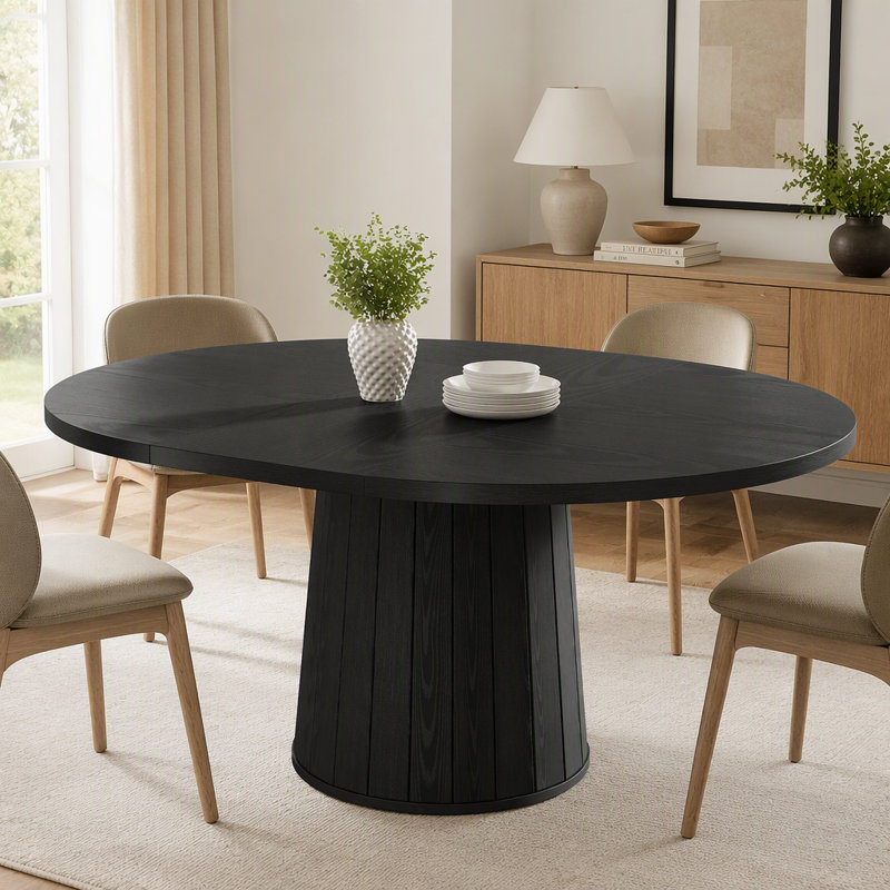 Table de salle à manger ovale de 140 cm avec pied central cylindrique, table de cuisine en bois brun chaud, idéale pour la cuisine et le coin repas.