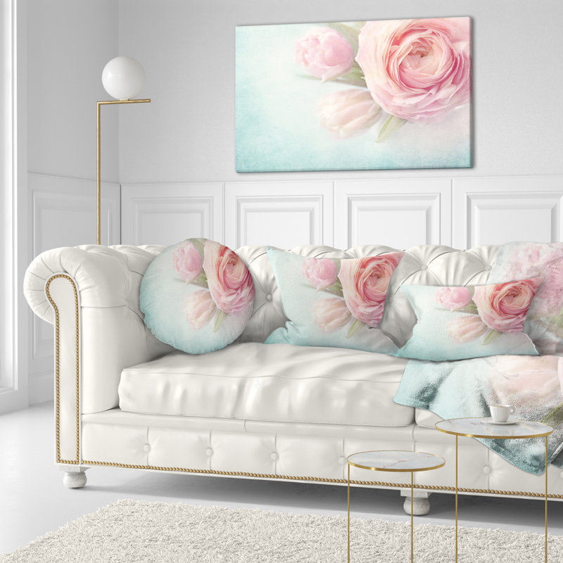 Fleurs roses sur fond bleu - Coussin décoratif à imprimé floral