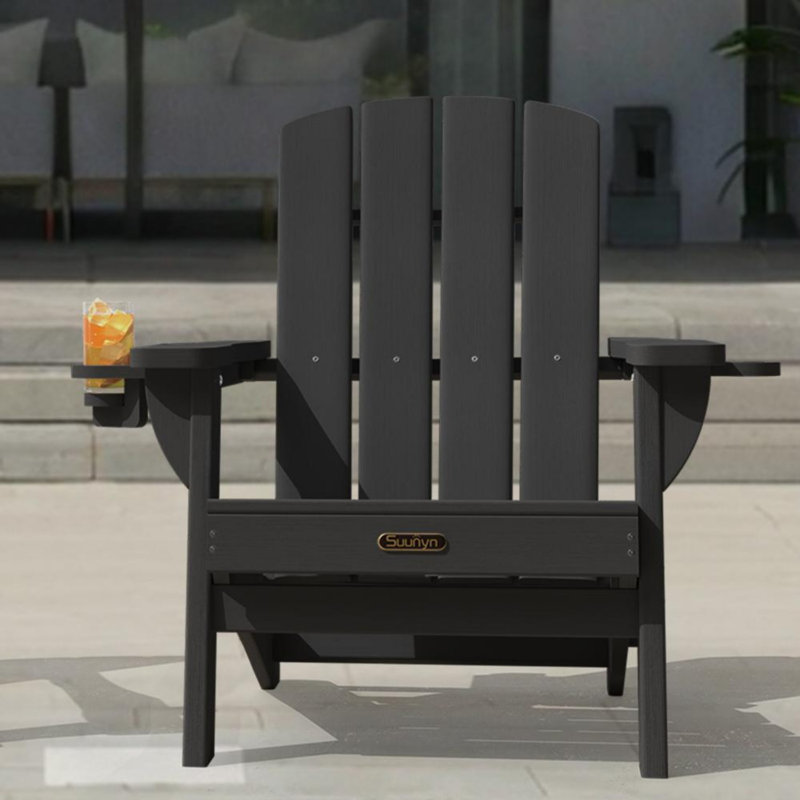 HDPE Folding Adirondack Chair With Cup Holder, Black