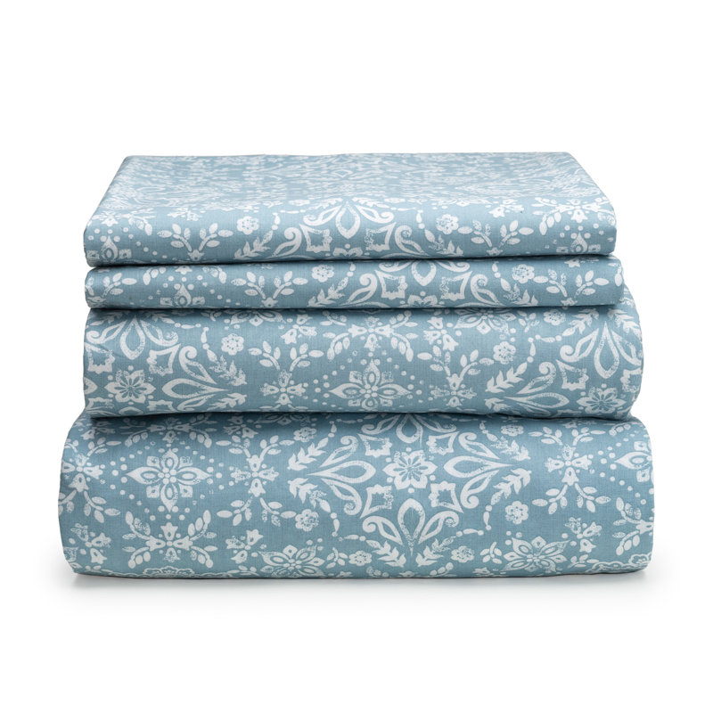 Motif floral rétro damassé de couleur bleue. Ensemble de draps 100% coton, Drap-housse grand avec 2 taies d'oreiller, Bleu
