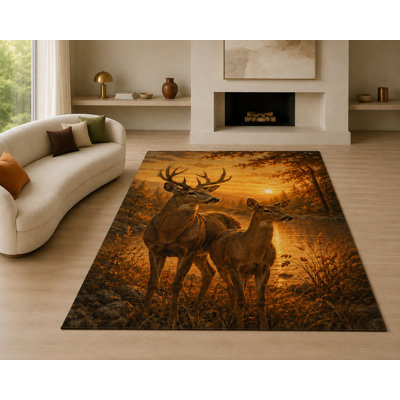 Tapis ultramince « 152 x 213 cm » à motif de cerfs au coucher du soleil, idéal pour le salon, la chambre à coucher et le bureau. Moquette douce à poils courts avec envers antidérapant en silicone, brun et orange.