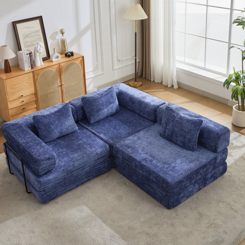 Compression Sofa, Convertible Floor Sofa Bed with Fixed-Shape Frame, Boneless Modular Sectional, No Assembly, Chenille Fabric for Living Room and Bedroom