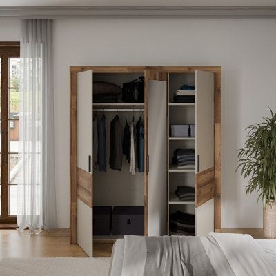 Huguley Modern wardrobe with 3 doors, clothing rail and shelves, mirror, engineered wood, beige / rustic oak decor, 180.8 cm W x 211.6 cm H x 54.2 cm D
