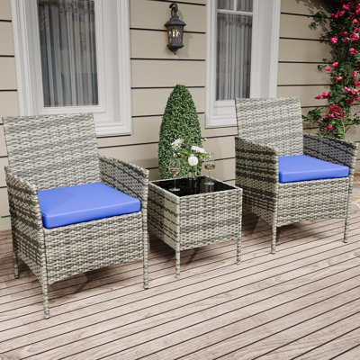 3-Piece Outdoor Rattan Bistro Set with Tempered Glass Table and 2 Cushioned Chairs for Patio, Balcony, or Poolside