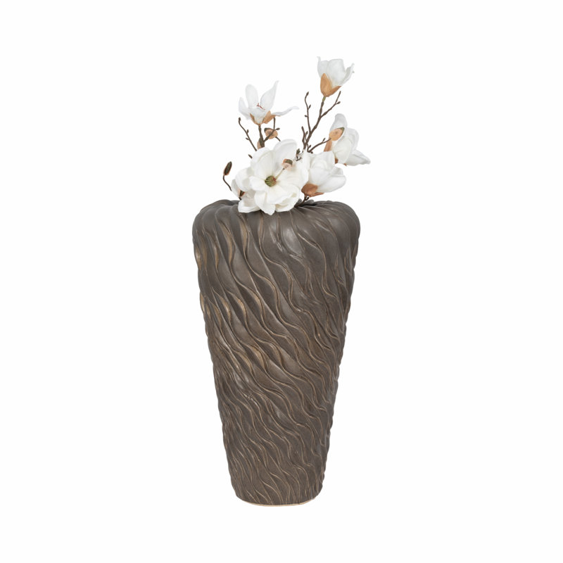 Vase en grès sculpté à motif texturé ondulé pour la chambre à coucher ou le salon - 24 po - brun