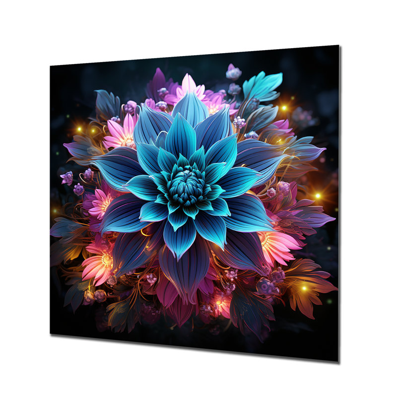 «Turquoise Flower Explosion», impression d'art floral abstrait, Métal métal, H 36 po x l 36 po x P 1,5 po