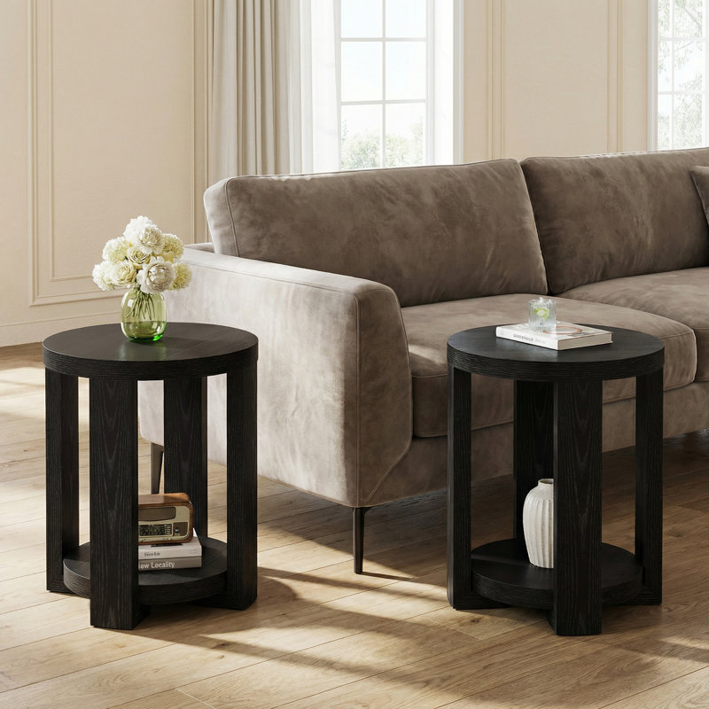 Round Side Table, 2-Tier End Table For Living Room, Black