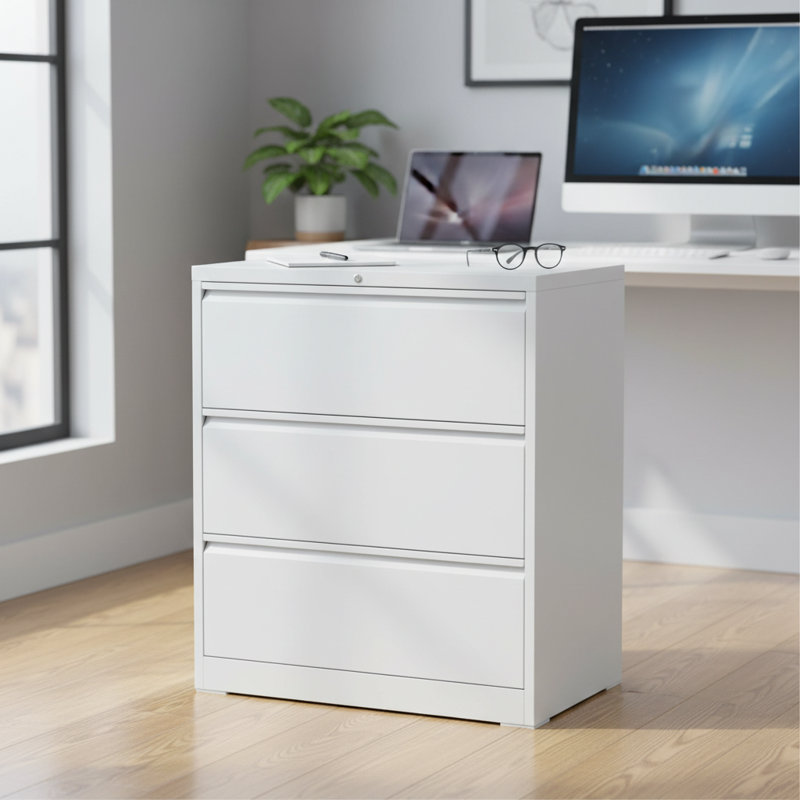 Classeur latéral à trois tiroirs avec mécanisme de verrouillage et dispositif de sécurité anti-basculement pour un rangement sécurisé des documents dans la maison ou le bureau