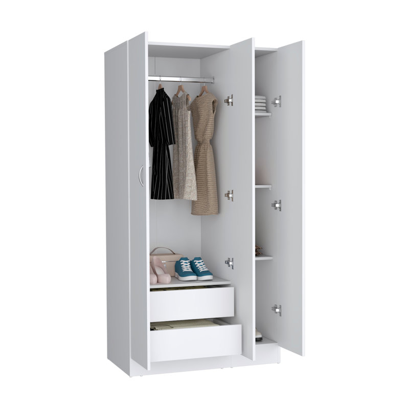 Armoire-penderie à 3 portes, 2 tiroirs et 4 tablettes à 4 niveaux, Blanc