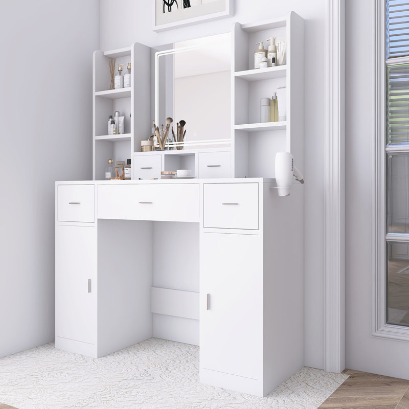 La coiffeuse avec miroir à DEL équipé d'un support pour sèche-cheveux et d'un pansement, Blanc