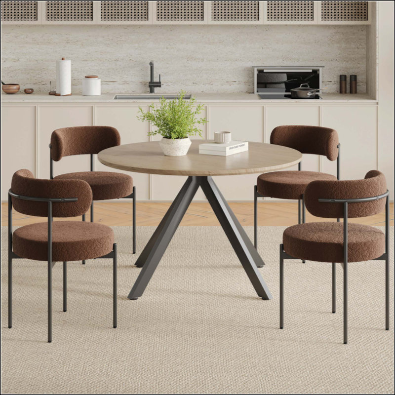 Table de salle à manger ronde en bois massif pour 4 à 6 personnes avec base piédestal entrecroisée, Brun, Noir