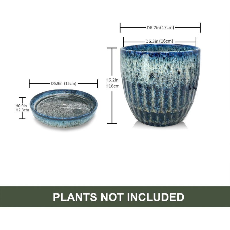 Pot à fleurs 6 "en céramique bleue avec drain et soucoupe