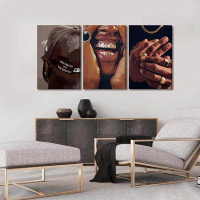 3Pcs Fashion African American Black Man Canvas Wall Art Black Man Trend Prints Pictures Hip-Hop Aesthetics Luxury Street Wall Decor Artwork For Teen Boy Room DJ Studio Home Decoration 12X16in