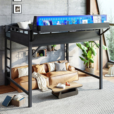 Structure de lit double pleine grandeur avec tablettes de rangement et panneau perforé, lit mezzanine en métal avec ports USB et lumières DEL, sécuritaire et robuste
