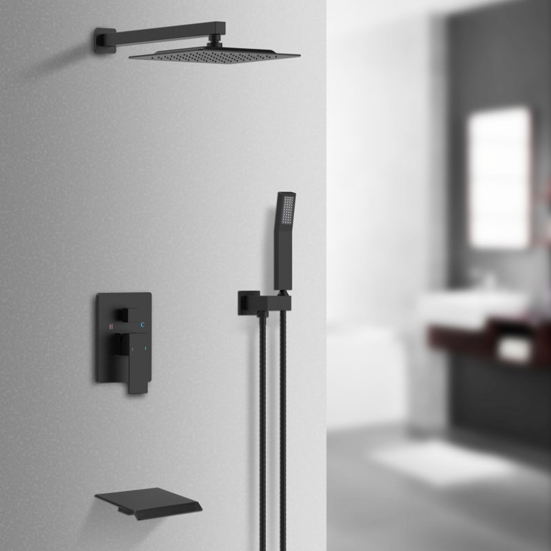 Pomme de douche carrée 10 pouces avec douchette à main et douchette cascade à pression équilibrée, Noir mat