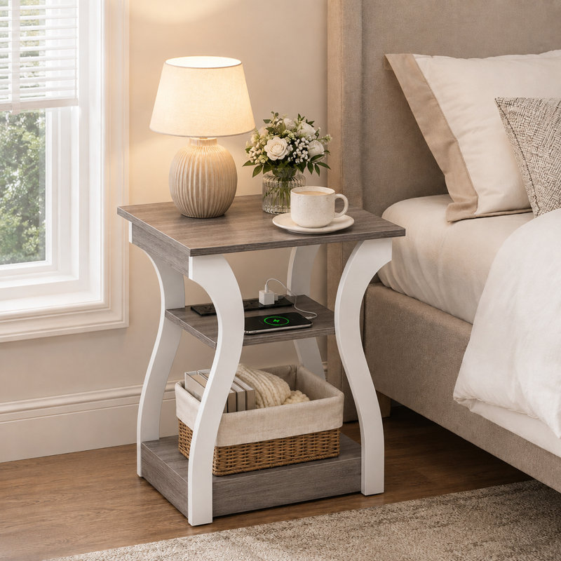 Table d'appoint avec station de recharge, ports USB et prises électriques, table de chevet pour chambre, tablette de rangement à 3 niveaux, table de nuit