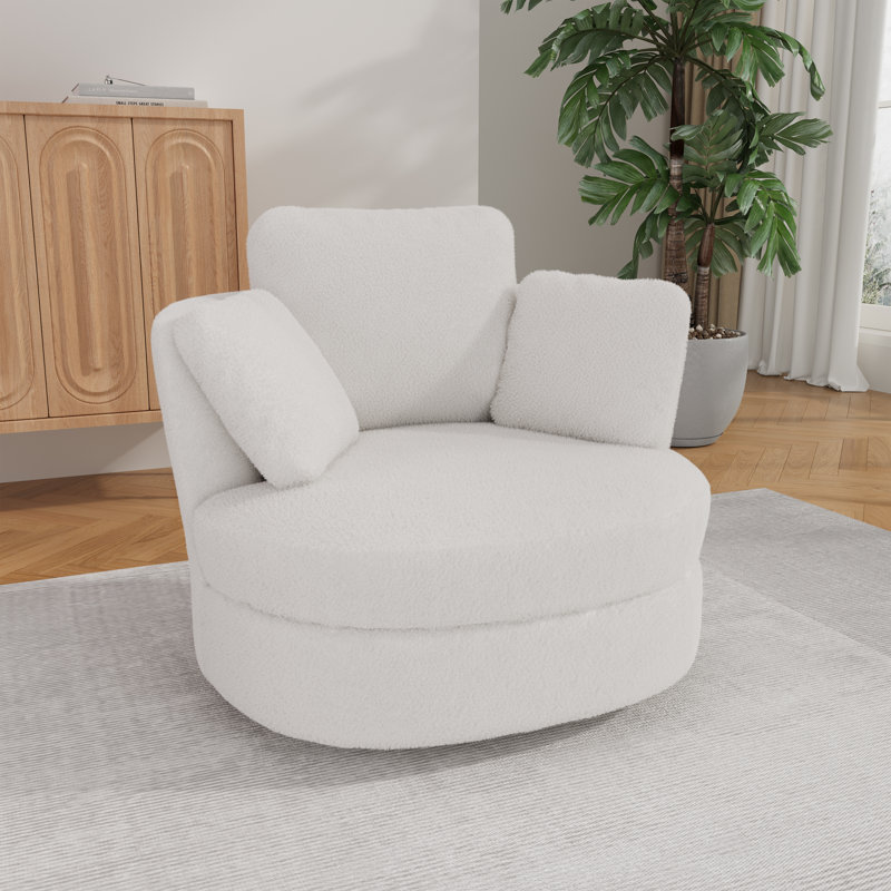 Fauteuil demi-tonneau pivotant rembourré, fauteuil d'appoint en chenille avec coussins, Ivoire ivoire