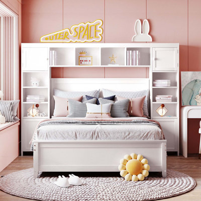 Full Size Wooden Bed With All-In-One Cabinet And Shelf