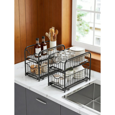 2-Tier Pull Out Under Sink Organizer Sliding Drawers Stackable Black