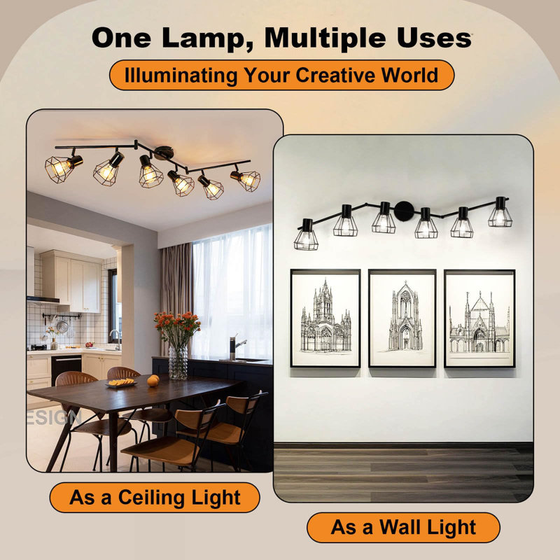 Éclairage sur rail 6 lumières, plafonnier rotatif directionnel, projecteur sur rail noir pour cuisine, chambre à coucher, salon, base E26 (ampoules non incluses)