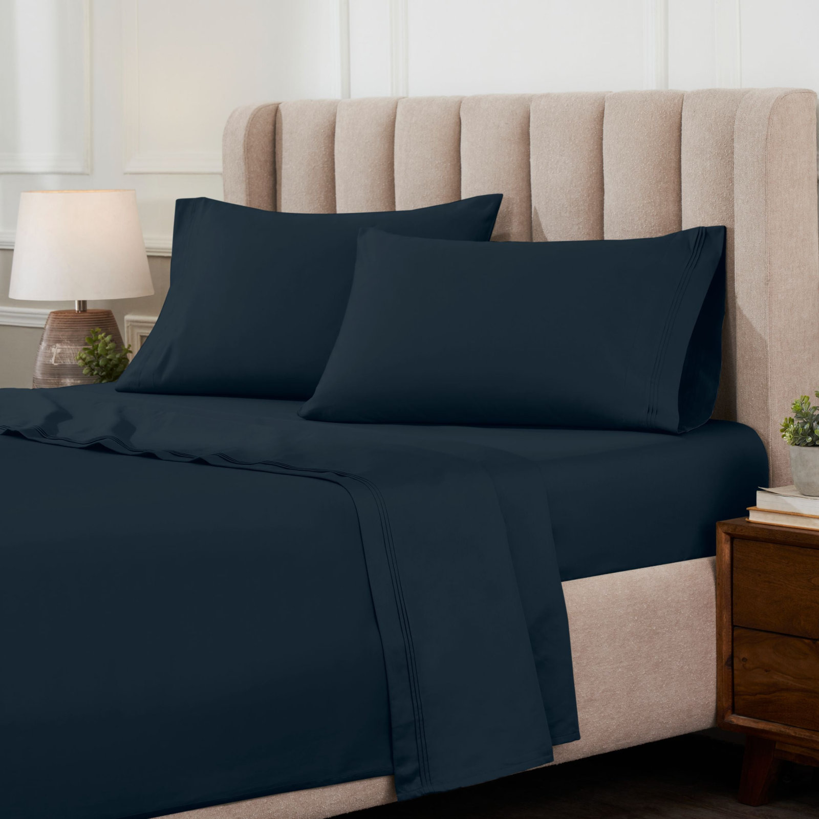 Cotton Sheet Set, King Sheet Set with 2 Pillowcases, Navy Blue