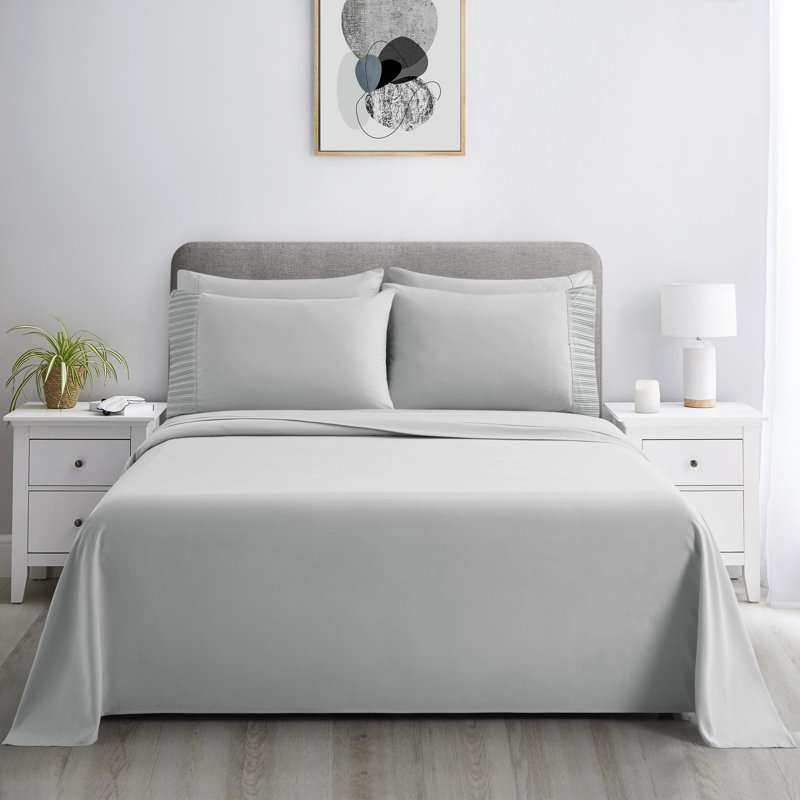 Ensemble de draps plissés en rayonne de bambou toutes saisons 4 pièces avec taies d'oreiller Marina, Argent