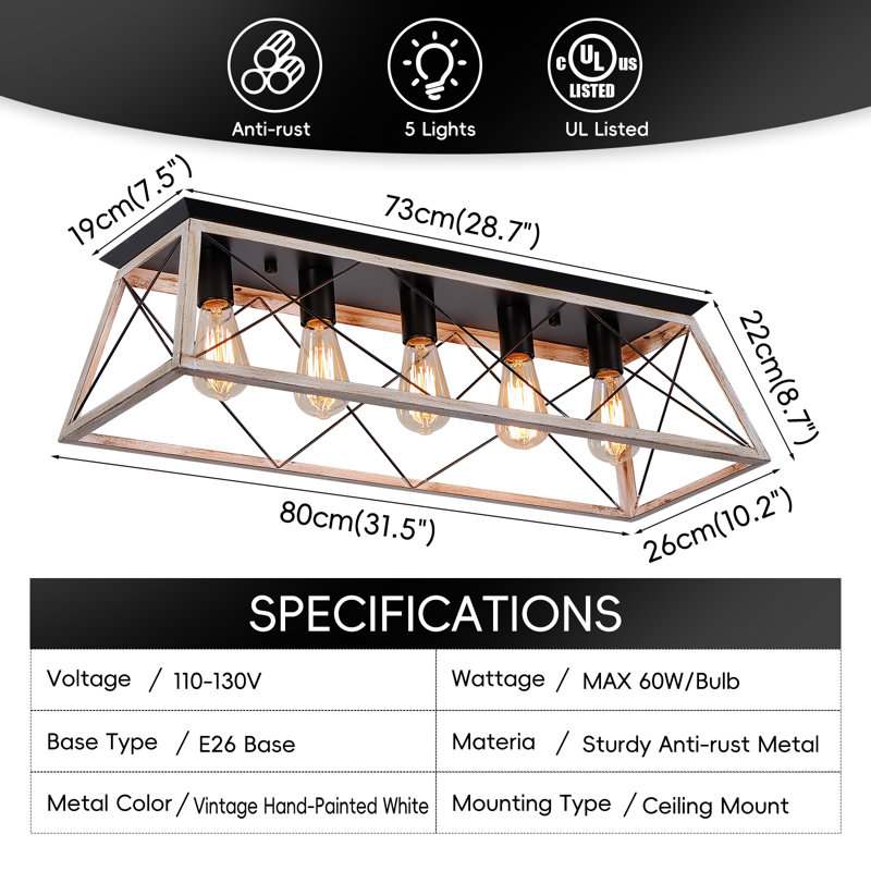 Metal Flush Mount Rectangular Ceiling Light, Matte Black/Retro White, 5 Lights, 8.7" H x 31.5" W x 10.2" D