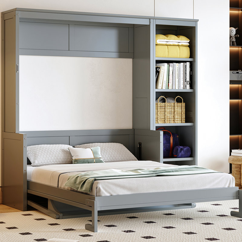 Lit double en gris avec bureau et bibliothèque, matériau en pin, peu encombrant, rangement pour différents objets, sommier sans besoin