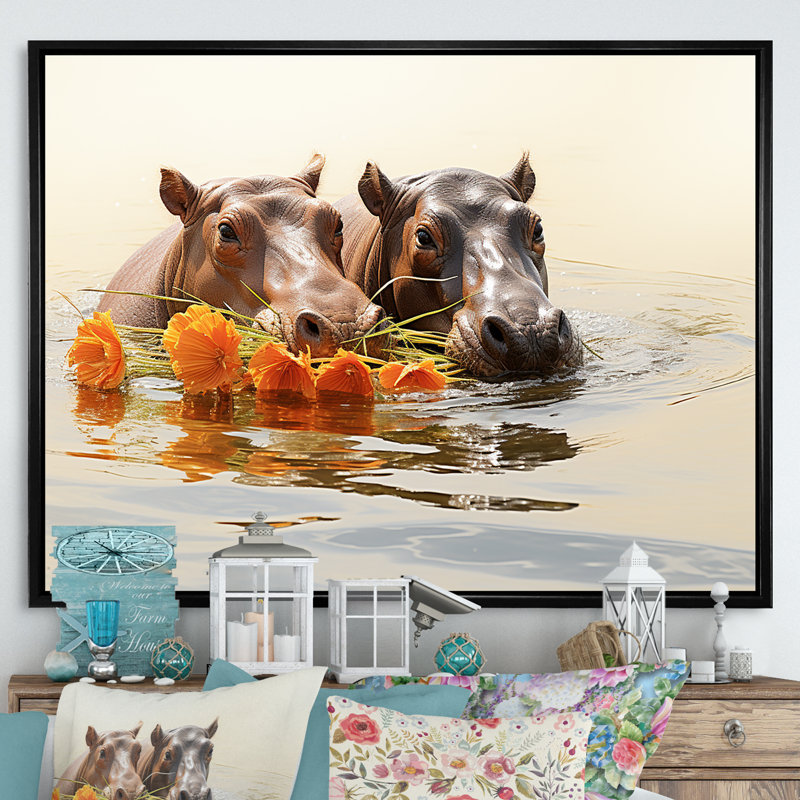 Sérénade romantique des rivières grises - art mural hippopotame, Cadre flottant noir, H 34 po x l 44 po x P 1,5 po