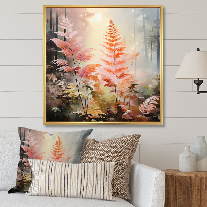 Impression romantique de fougères pêche - Floral, H 30 po x l 30 po x P 1 po, Cadre flottant doré