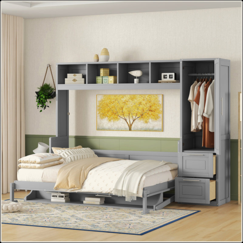 Lit escamotable Murphy avec placard et tiroirs, Gris