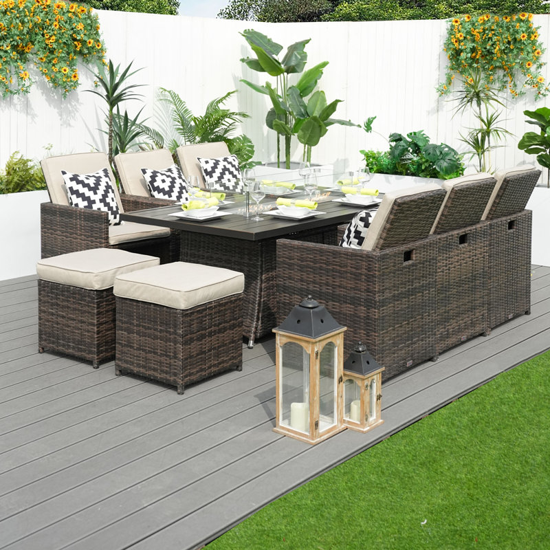 10 - Person Wicker Patio Dining Set with Rectangular Table , Cushions Included