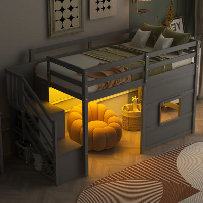 Twin Size Loft Bed with Storage Staircase and Window
