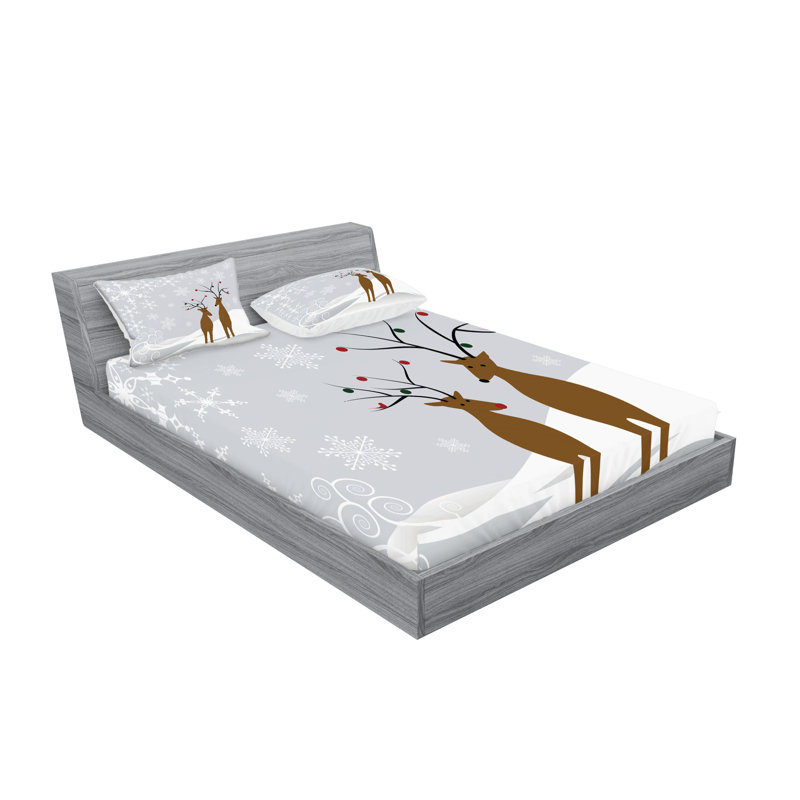 Drap-housse et coussin décoratif Ambesonne Christmas brun pâle gris blanc, Ensemble de draps pour lit double + 5 pièces supp
