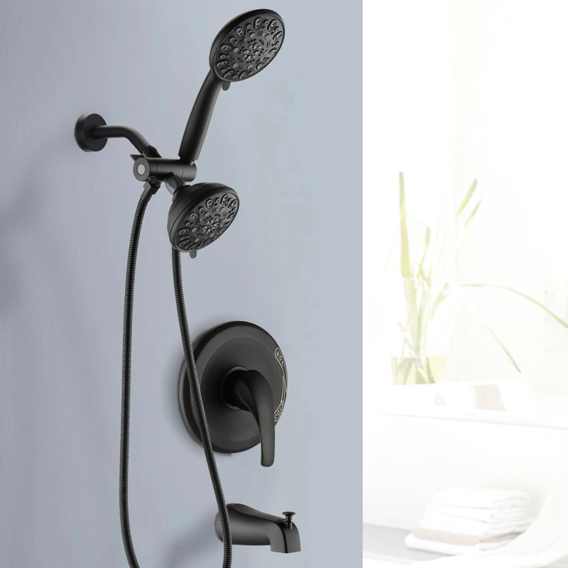 Matte Black Wall Mounted Shower System With Dual . 7 Spray Modes Head & Hand Shower. All Metal. 1.8 Gpm Flow Rate. 59" Hose. 1/2" Connection. Tub Spout Included . High Faucet. Metal Structure.