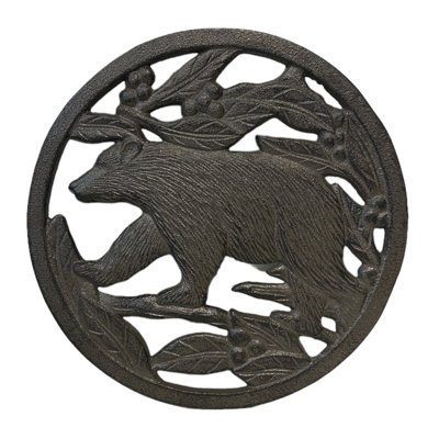 Rustic Brown Cast Iron Circle Woodland Forest Bear Decorative Kitchen Dining Room Table Trivet