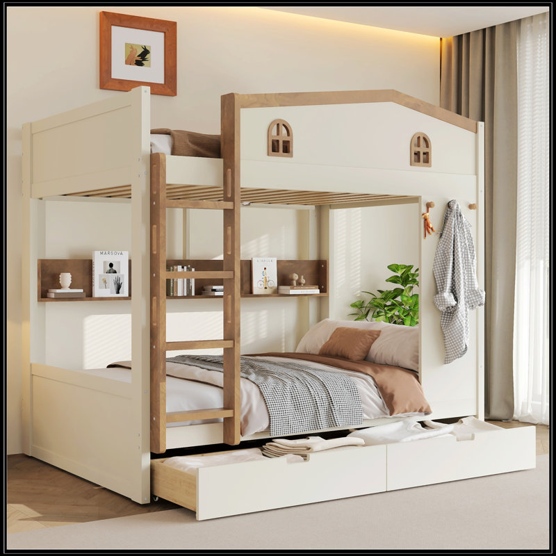 Lit superposé double sur double avec tiroirs et tablettes de rangement, fabrication en bois massif, aucun sommier nécessaire, beige et naturel
