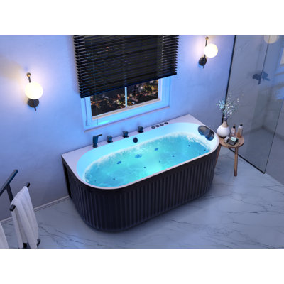 67 In. X 32 In. Flat Bottom Stone Resin Freestanding 92 Gallon Combination Bathtub With Center Drain In Black And White