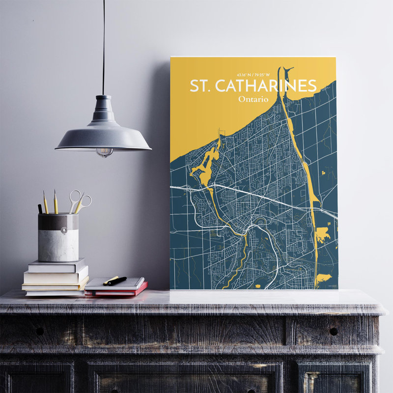 St. Catharines City Map, impression, H 27,6 po x l 19,7 po, Bleu / Jaune
