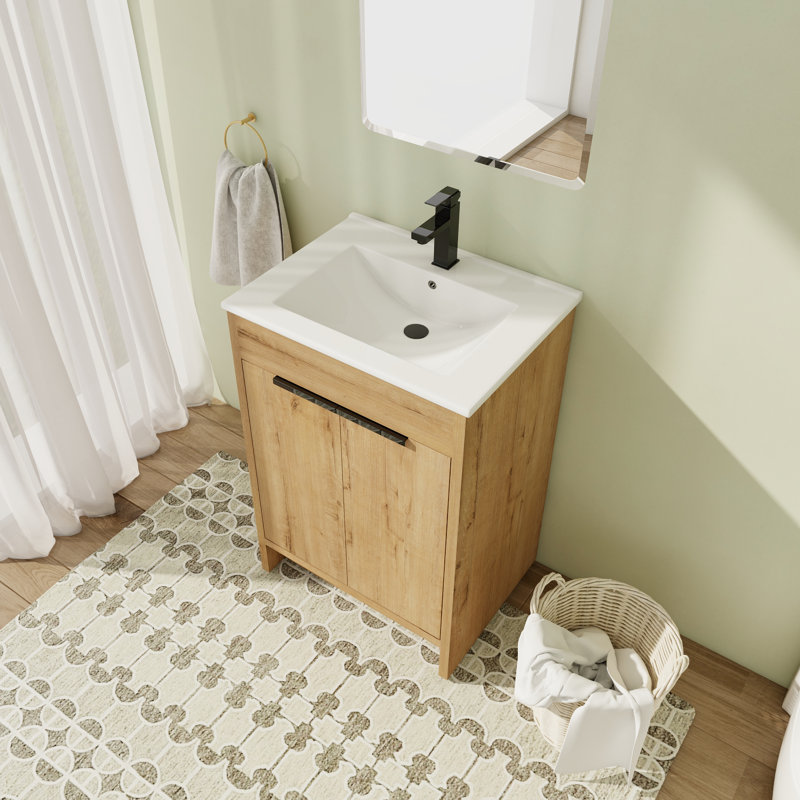 Meuble-lavabo sur pied simple 24,07 po avec plateau en céramique Kullin, Blanc
