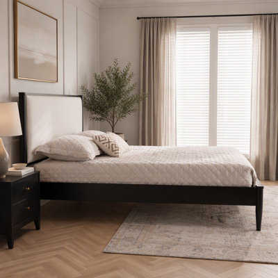 Solid Wood Platform Bed with Boucle Upholstered Headboard