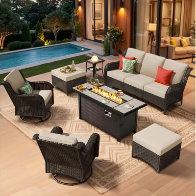 Tommy 7- Person Outdoor Wicker Patio Sofa Seating Group With Swivel Rocking Chairs And Fire Pit Table
