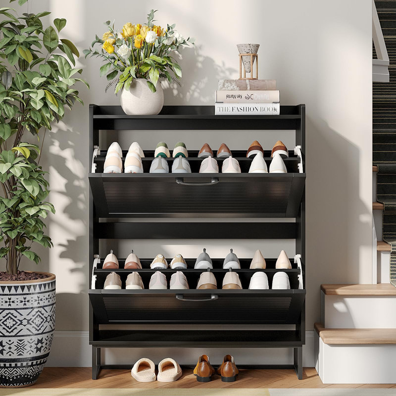 Armoire de rangement pour chaussures avec 2 portes à persiennes rabattables, Brun