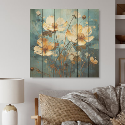 Les boutons d'or sont représentés sur une toile de fond I - Art mural en bois Buttercups sur bois de pin naturel
