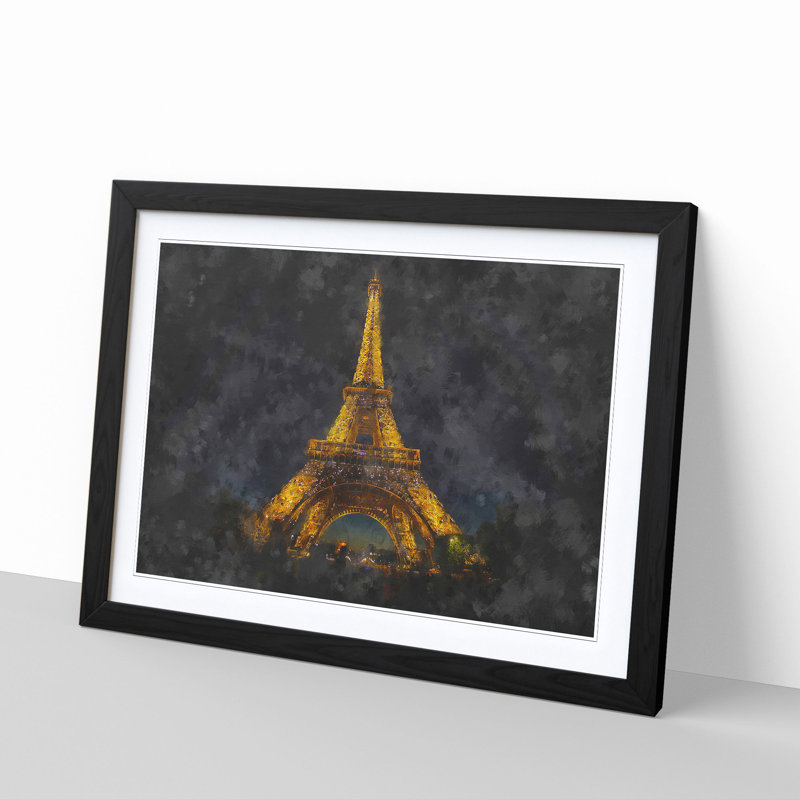 The Eiffel Tower in France at Night - Picture Frame Painting Print, 45cm H x 63cm W x 2cm D, Black Framed